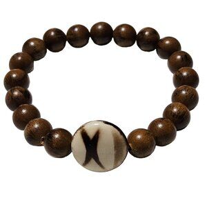Boho Handcrafted Wood Beaded Stretch Bracelet White Accent Fashion Jewelry Women